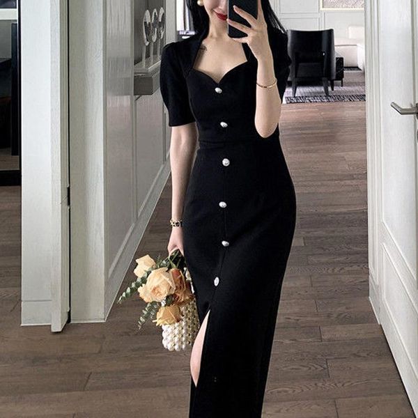 

casual dresses one piece dress korean vintage midi women short sleeve elegant black office ladies button design summer 2021 y2k, Black;gray