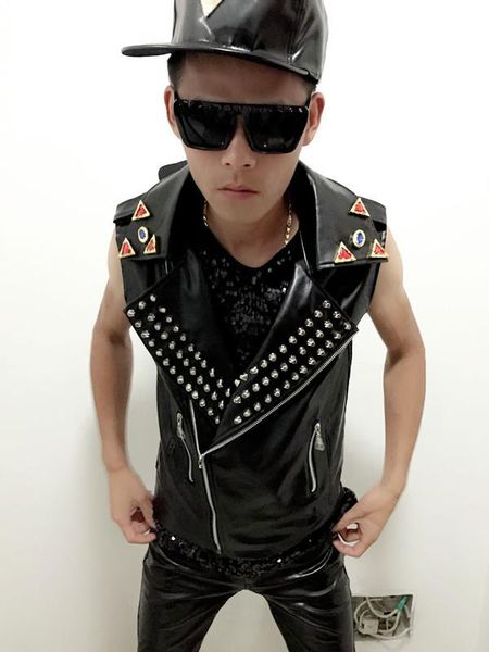 

men's vests 2021 slim fashion male costume punk rock dj personality rivet leather vest costumes stage clothing, Black;white