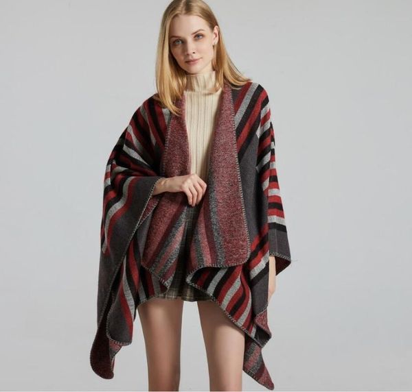 

winter warm stripe ponchos and capes for women oversized shawls wraps thick cashmere female bufanda mujer scarves, Blue;gray