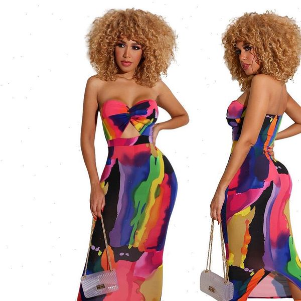 

printed strapless long dress women summer sleeveless neon tie dye outfit sundress club night party bodycon stretchy dresses, Black;gray