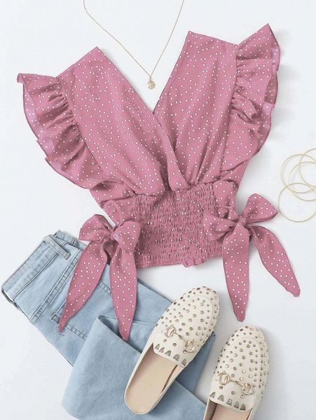 

ruffle armhole shirred hem polka-dot x6r4#, White