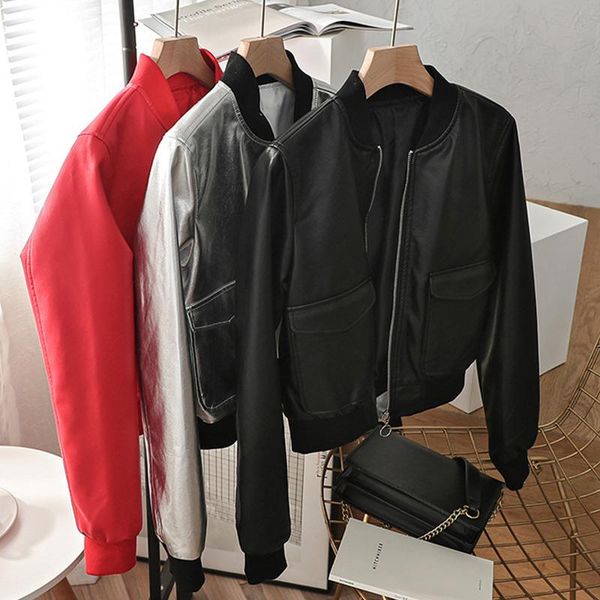 

faux leather zipper women's short jacket pu solid pockets casual jackets 2021 autumn female long sleeve outerwear cc20211021, Black