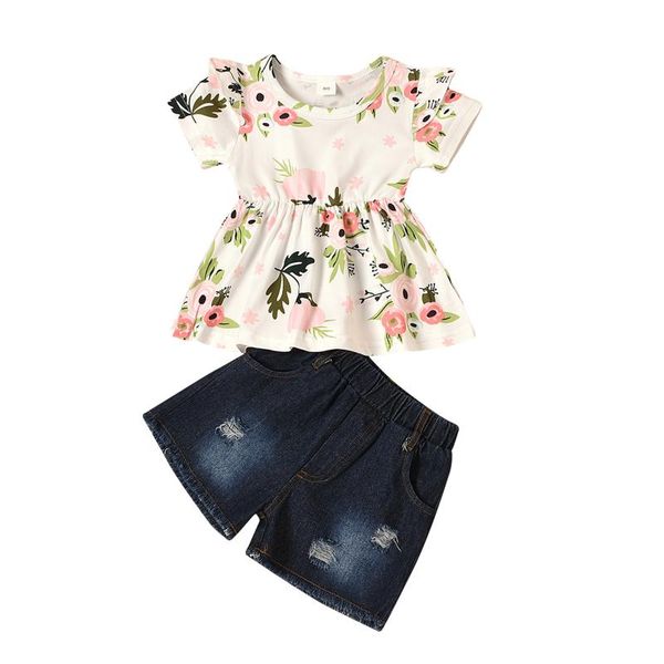 

clothing sets kids baby girls 2-piece outfit set short sleeve floral print/pineapple print +shorts infant toddler, White