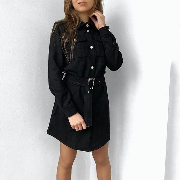 

woman taotrees autumn solid color suede turndown collar single breasted long sleeve dress with na63, Black;gray