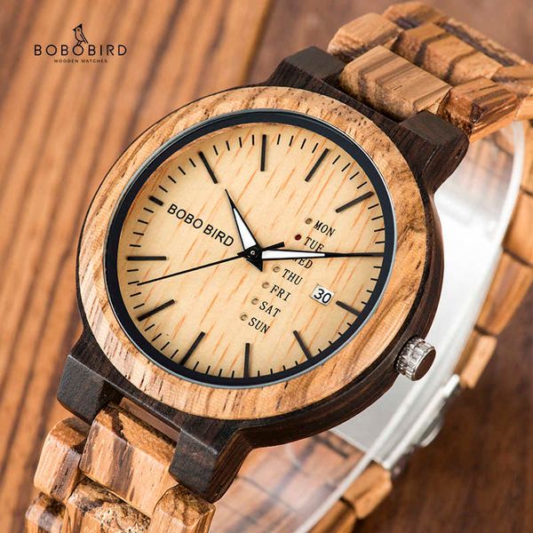 

bobo bird wood watch men relogio masculino week and date display timepieces fashion casual wooden clock boyfriend gift 210728, Slivery;brown