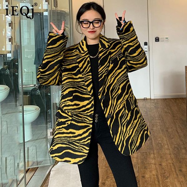 

women's wool & blends ieqj 2021 autumn winter yellow zebra woolen coat female loose long sleeve mid-length tweed coats women fashion 3w, Black