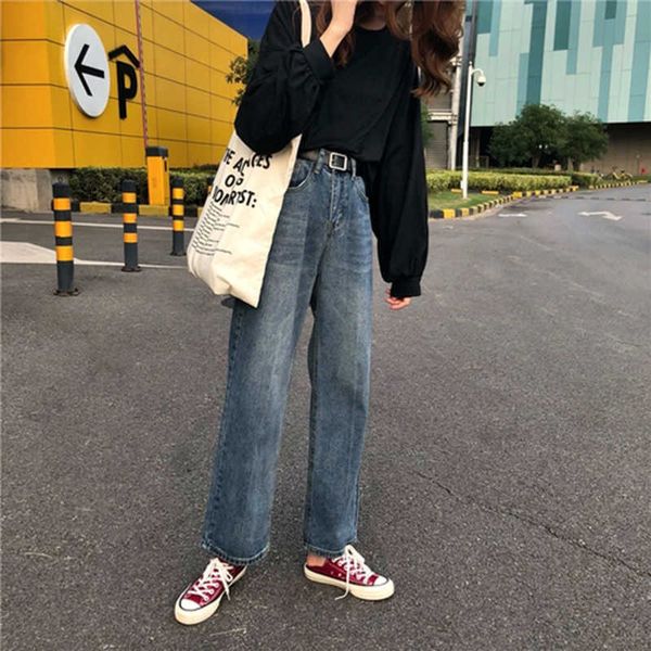 

autumn korea fashion women high waist bleached vintage jeans all-matched casual loose cotton denim straight pants s375 210608, Blue