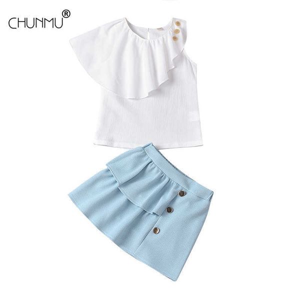 Girls Roupas Conjuntos 2021 Verão Sem Mangas Ruffled Top + Saia A-Line 2 Pcs para Crianças Roupas Conjuntos Roupas de Roupas de Bebê X0902