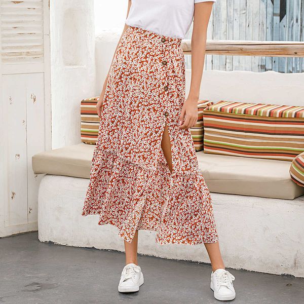 

fashion floral printed women skirt elastic high waist split out ruffles midi skirt w9202 210526, Black