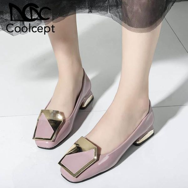 

dress shoes coolcept women pumps fashion metal decoration low heel square toe casual party patent leather footwear size 35-39, Black