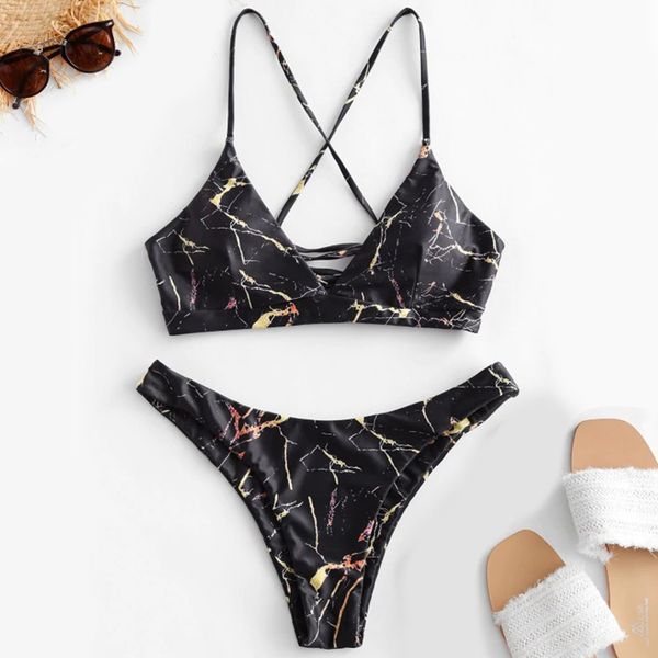 

2021 summer fashion print bikini women split swimsuit thicken bra beach halter bikini set swimwear, White;black