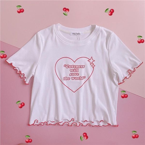 

women's t-shirt preppy style summer short sleeve pullover 2021 cartoon letter print ruffle sweet japanese wild women navel, White