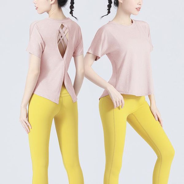

yoga outfit 1pc short sleeve loose shirt women gym quick dry coat running sports clothes female hollow out fitness workout