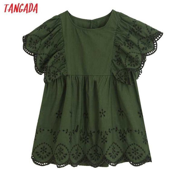 

tangada women green embroidery romantic blouse shirt ruffles short sleeve summer shirt 6h21 210609, White