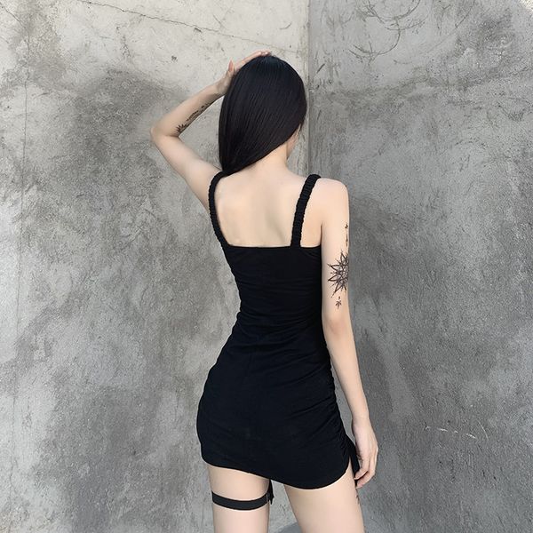 

women slim ruched spaghetti straps drawstring mini dress women gothic fashion solid color backless summer casual dress, Black;gray