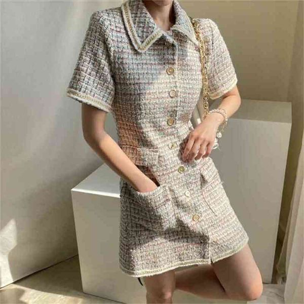 

women dress summer korean chic elegant temperament lapel single-breasted striped tweed short-sleeved vestidos 210603, Black;gray
