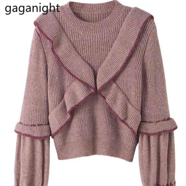 

vintage ruffles women fashion sweater autumn winter knitted pull femme lantern sleeve loose sweaters 210601, White