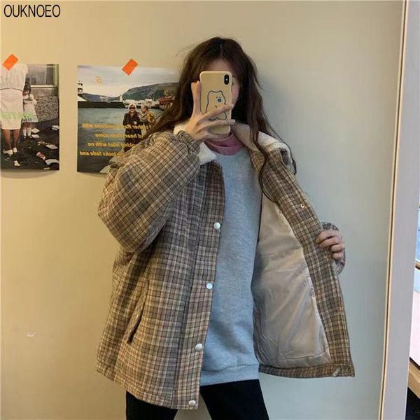

women's down & parkas winter women jacket fur collar warm plaid single-breasted oversized korean preppy style loose 2021 woman cotton c, Black