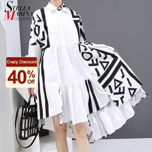

new woman casual streetwear white shirt dress long sleeve geometrical patterns printed plus size lady midi dress robe style 6509 210316, Black;gray