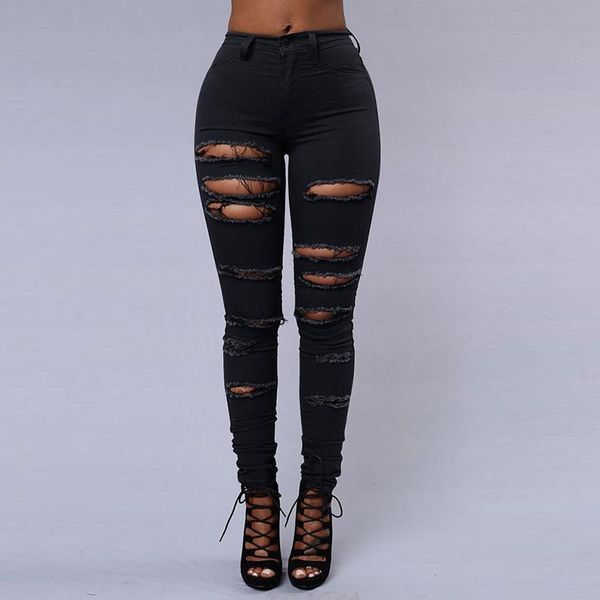 

women's jeans high waist hole ankle length denim women summer white stretch pencil pants tight skinny slim casaul woman plus size, Blue