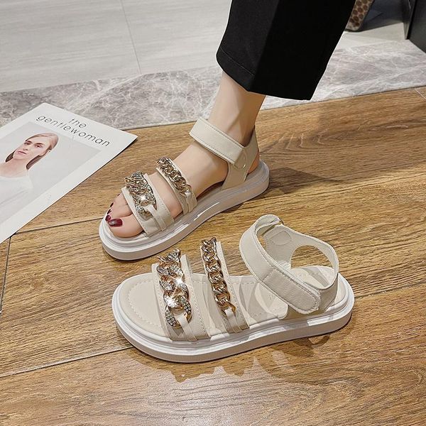 

sandals 2021 summer women's chain metal decoration ladies flat vacation beach shoes outdoor non-slip open-toed, Black