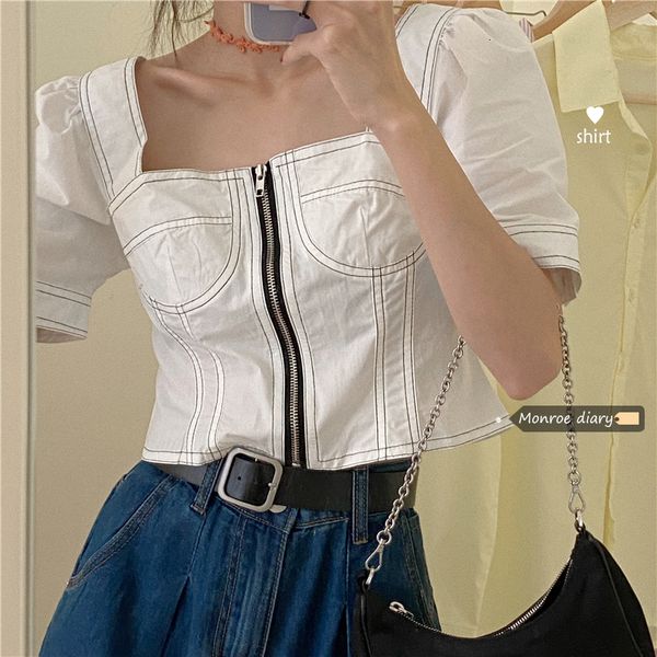 

2021 new summer white denim crop women square collar backless t-shirt jean tumblr tshirt short sleeve shirt vintage tee 7vfq
