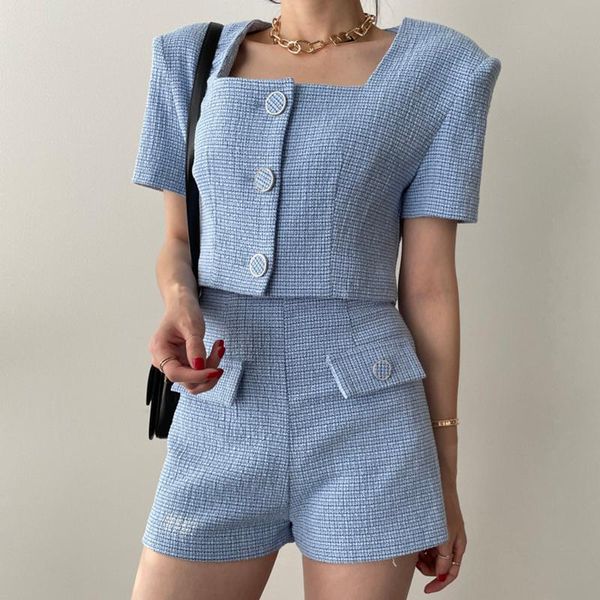 

women's tracksuits vintage tweed matching sets short sleeve single-breasted crop ss two piece set women thin woolen jacket pants suits, Gray