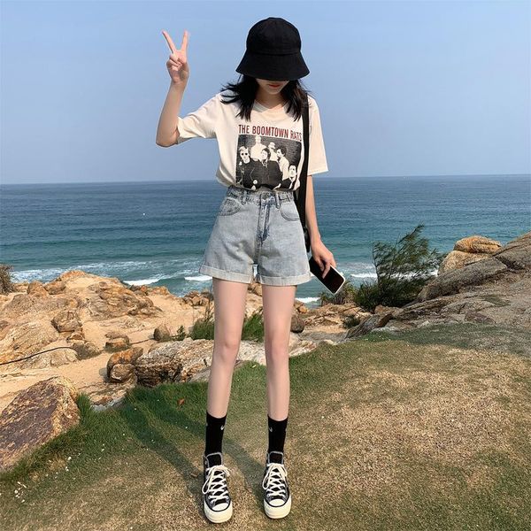 

women's jeans summer high waist adjustable shorts casual loose denim ladies short, Blue
