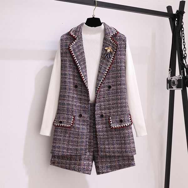 

2021 new autumn woolen tweed 2 set women sleeveless vest coat + shorts two piece outfits female suits ensemble femme h3a4, Blue
