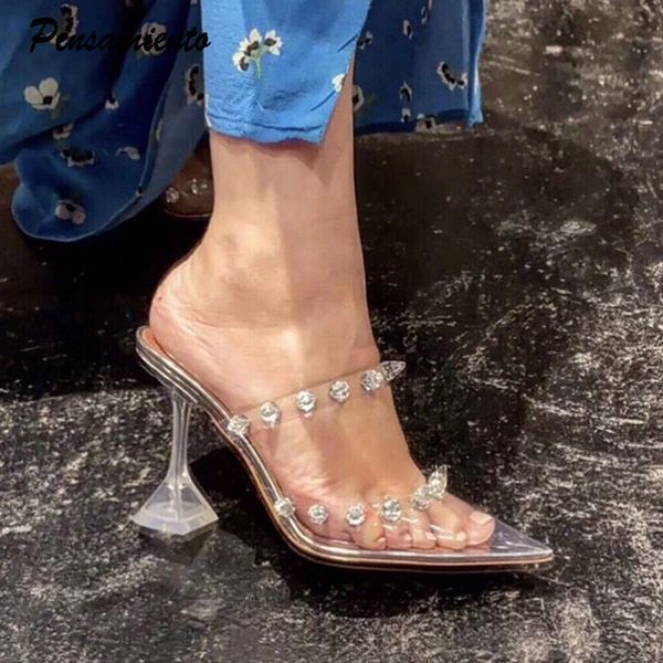 

2021 ins style high heels women slippers fashion crystal clear heeled mules sandals summer rivet female slides shoes 34-45 k78, Black