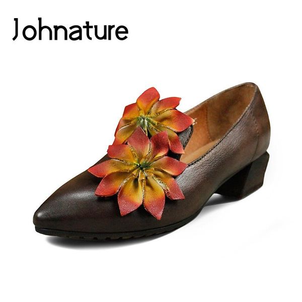 

dress shoes johnature 2021 spring/autumn handmade genuine leather retro pointed toe square heel flower slip-on med heels lady, Black