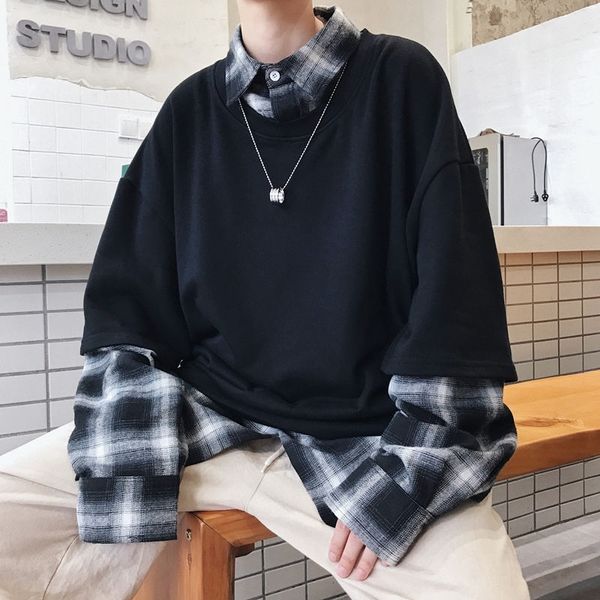 

men's t-shirts autumn plaid hoodie fashion retro casual cotton lapel sweatshirt men streetwear loose hip-hop pullover hoodies mens, White;black