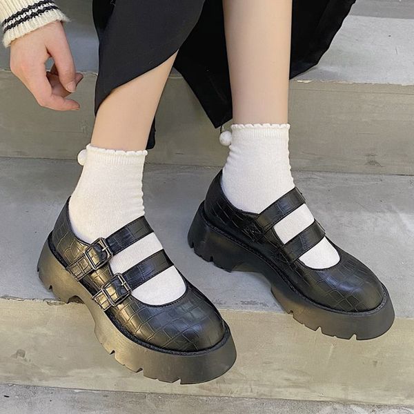 

2021 spring women flat on platform shoes double belt buckle lolita shoes thick sole snake skin pattern casual shoes girls 9032n, Black;white