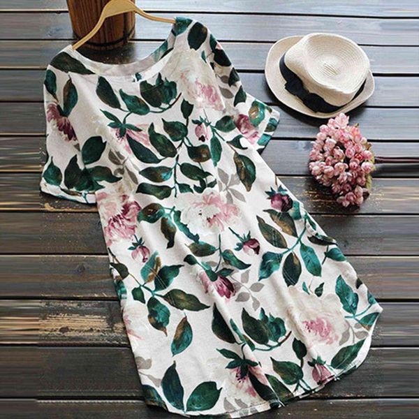

summer casual short sleeve womens dresses round neck leaf print midi loose elegant fashion korte mouw jurk, Black;gray