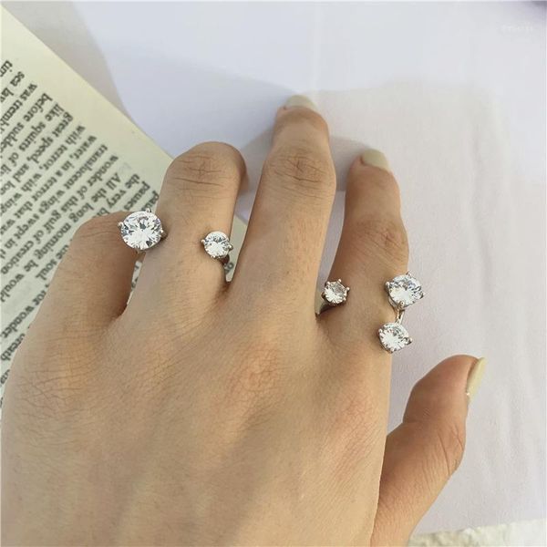 

simple crystal zircon asymmetrical design opening to adjustable the ring for women double zircon engagement wedding ring jewelry1, Silver