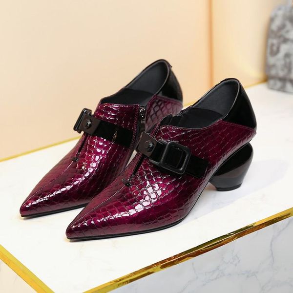 

dress shoes mljuese 2021 women pumps patent leather autumn spring buckle strap pointed toe high heels lady party size 34-42, Black