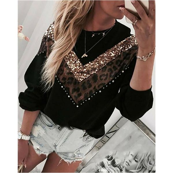 

women's blouses & shirts xingqing leopard print long sleeve shirt women geometric patchwork turtleneck chiffon clothes for tee o-neck, White