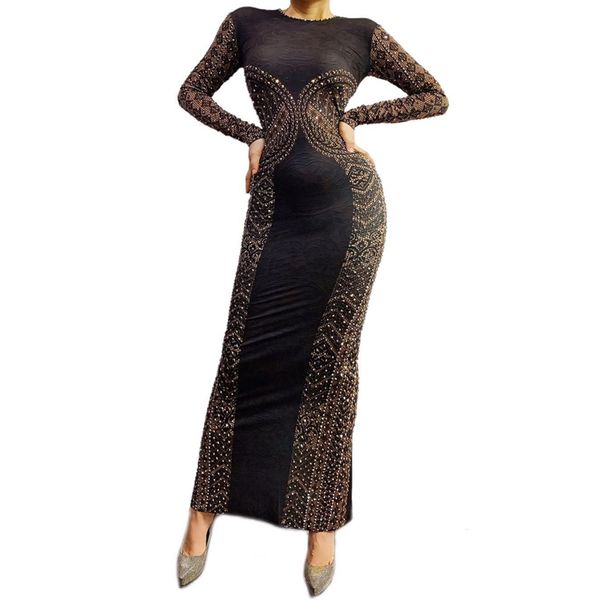 

prom evening birthday sparkly rhinestones dress o-neck black long sleeve stretch bodycon dress party outfit stage costume, Black;red