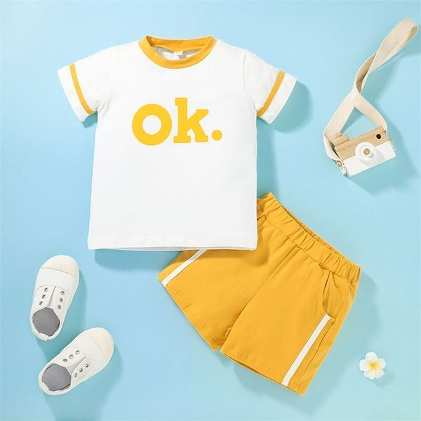 

summer children sets casual short sleeve o neck print ok t-shirt orange shorts 2pcs girl boys clothes 210629, White