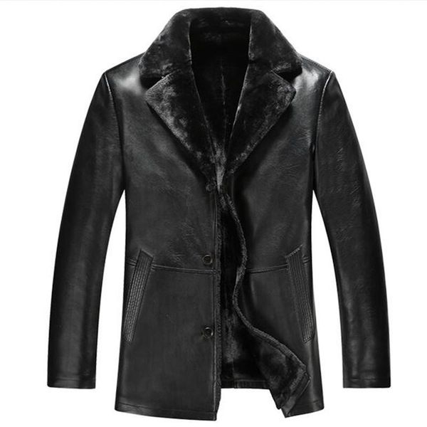 

men's fur & faux 2021 winter male one long sheep and wool leather jacket, Black