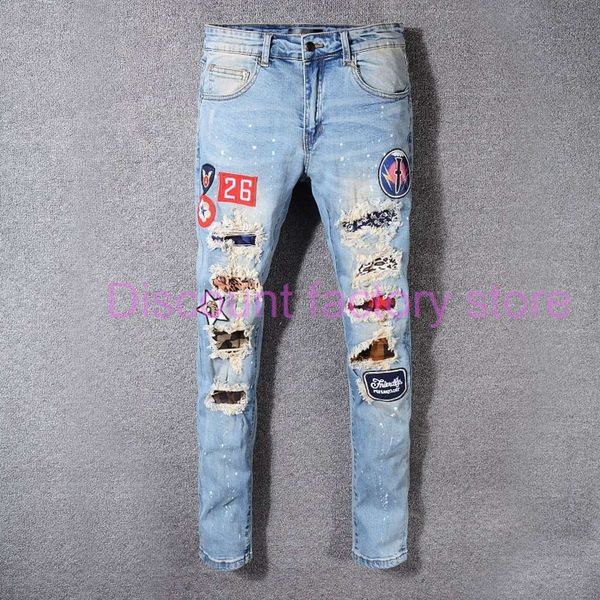 

mens ripped badge skinny jeans designer distressed badge slim fit motorcycle biker hole beggar hip hop denim pants 530, Blue