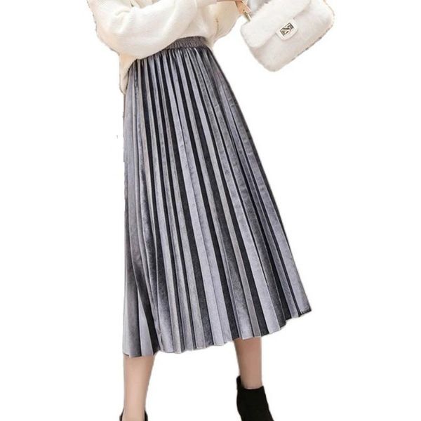 

skirts plus size 3xl autumn winter velvet skirt high waisted skinny large swing long pleated metallic midi saia women's, Black