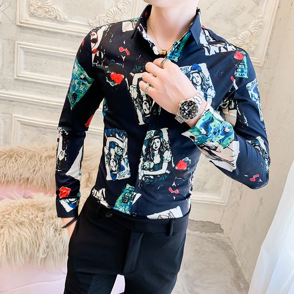

preto/branco moda new impresso digital manga longa camisas para roupas masculinas simples fino ajuste streetwear prom 3xl-m ltnq, Black;brown