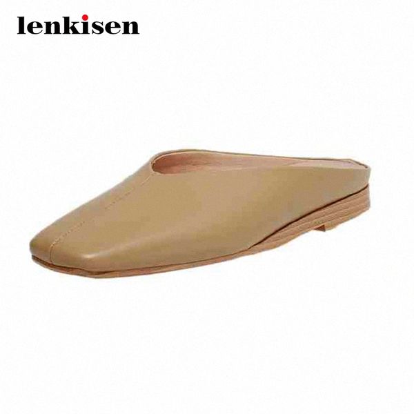 

lenkisen new real leather big size square toe low square heel mules slip on office lady daily wear women pumps l7f1 g13c#, Black