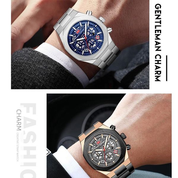 

Men's Watch Golden Stainless Steel Skeleton Waterproof Dial Wristwatch, Blue