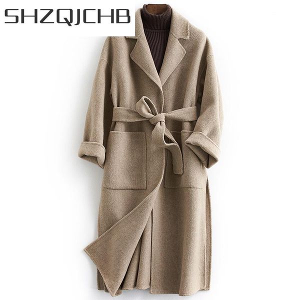 

women's wool & blends shzq women coat autumn winter belt clothing slim long woolen female spring jackets elegant ladies overcoat lwl131, Black