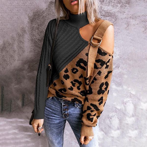 

women's sweaters autumn women warm fashion turtleneck casual pullover leopard print cutout one shoulder buckle sweater, White;black