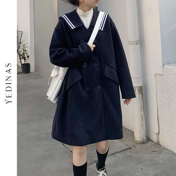 Yedinas Herbst Winter Navy Revers Wollmantel Frauen Mid-lange Süße Japanische Schule Stil Oberbekleidung Weibliche Mode Mantel 210527