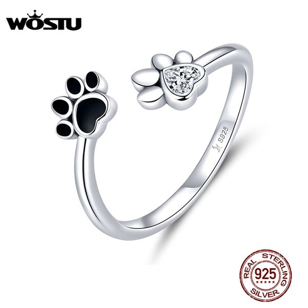 Wostu 100% 925 Sterling prata pata cão animais de estimação anel para as mulheres anéis de casamento ajustáveis ​​moda jóias CQR605 211217