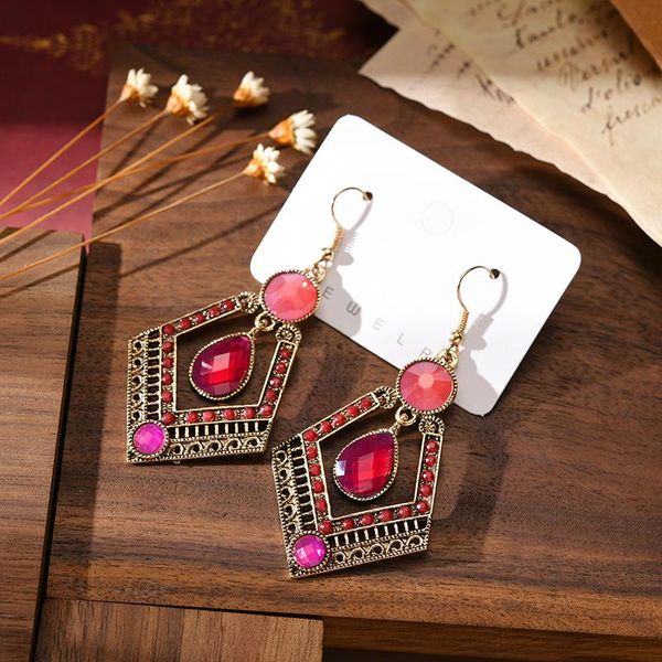 

dangle & chandelier bohemian red rhinestone drop pendant earrings 2021 retro ethnic geometric rhombus fashion clothing jewelry accessories, Silver